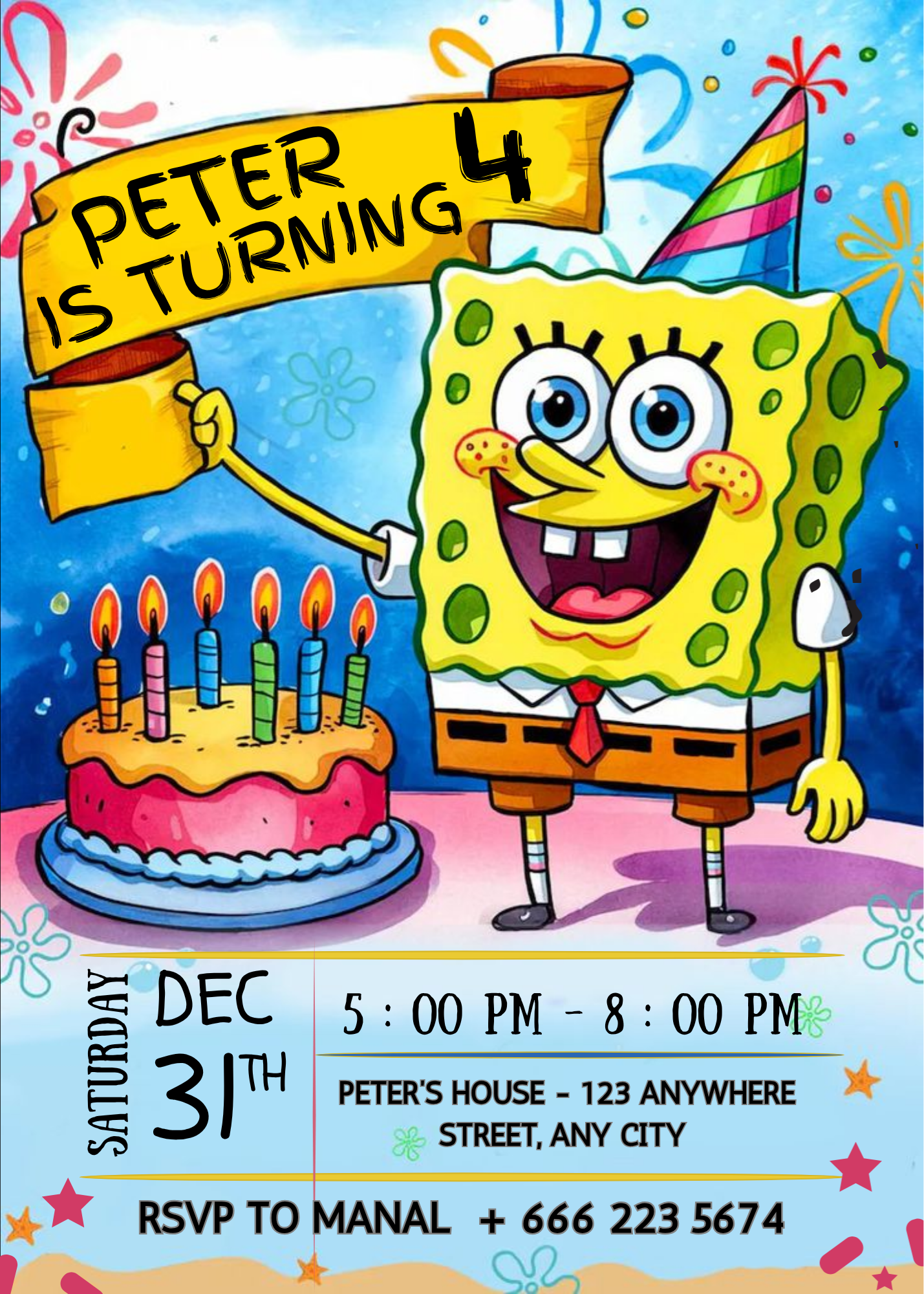 Editable Sponge Cake Birthday Invitation, Cartoon Kids Party Invite Template, Under the Sea Theme, Printable 5x7 Editable Canva Download