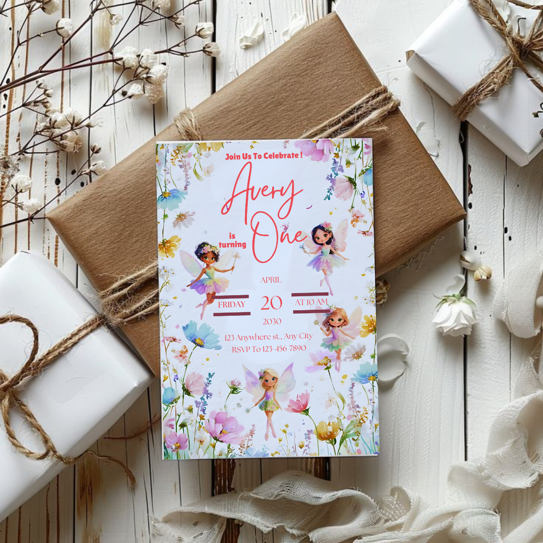 Fairy First Birthday Invitation, Fairy 1st Birthday Invite, Enchanted Garden Birthday Invitation, Whimsical 1st Birthday, Girl, Template