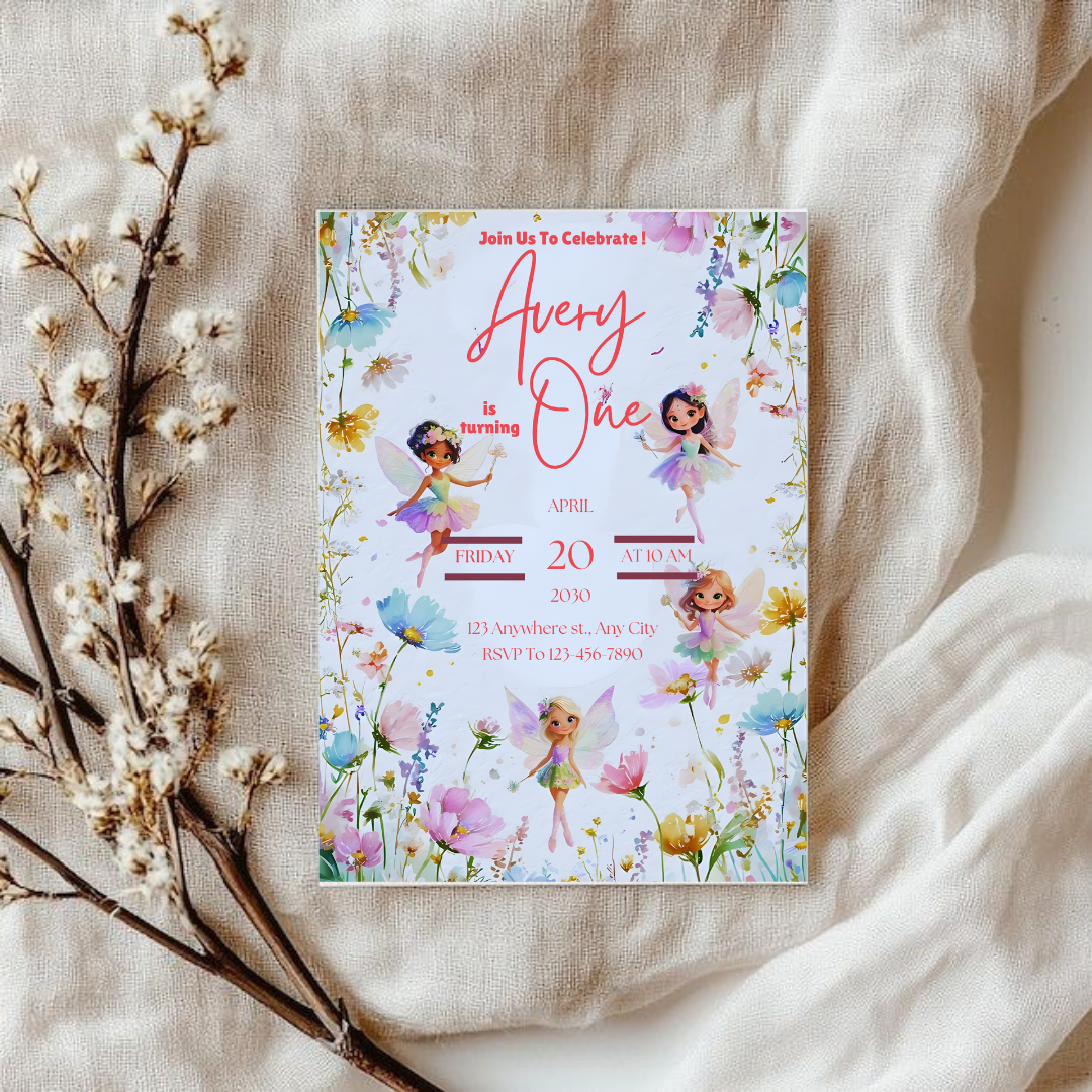 Fairy First Birthday Invitation, Fairy 1st Birthday Invite, Enchanted Garden Birthday Invitation, Whimsical 1st Birthday, Girl, Template