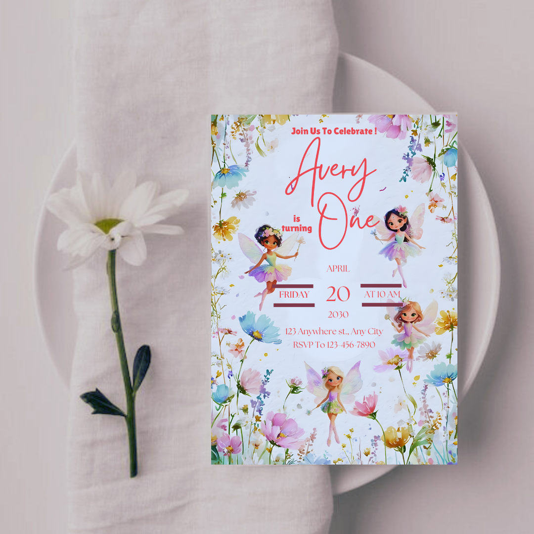 Fairy First Birthday Invitation, Fairy 1st Birthday Invite, Enchanted Garden Birthday Invitation, Whimsical 1st Birthday, Girl, Template