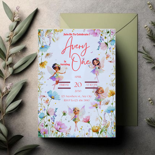 Fairy First Birthday Invitation, Fairy 1st Birthday Invite, Enchanted Garden Birthday Invitation, Whimsical 1st Birthday, Girl, Template