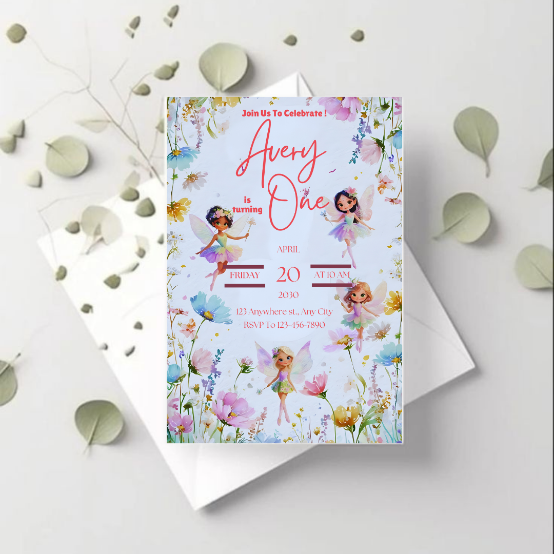 Fairy First Birthday Invitation, Fairy 1st Birthday Invite, Enchanted Garden Birthday Invitation, Whimsical 1st Birthday, Girl, Template