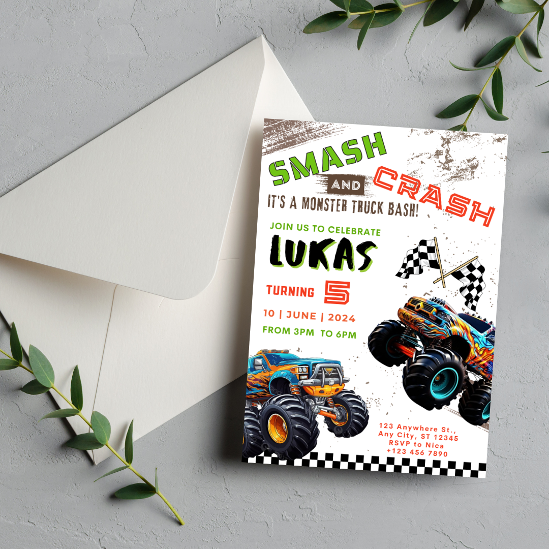 Monster Truck Birthday Invitation, Racing Birthday Invitation, Cars Birthday Invitation, Boy Birthday Party Invitation, Editable in Canva