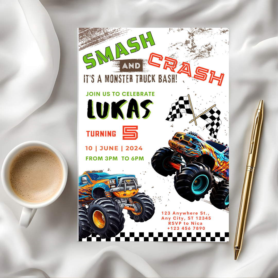 Monster Truck Birthday Invitation, Racing Birthday Invitation, Cars Birthday Invitation, Boy Birthday Party Invitation, Editable in Canva