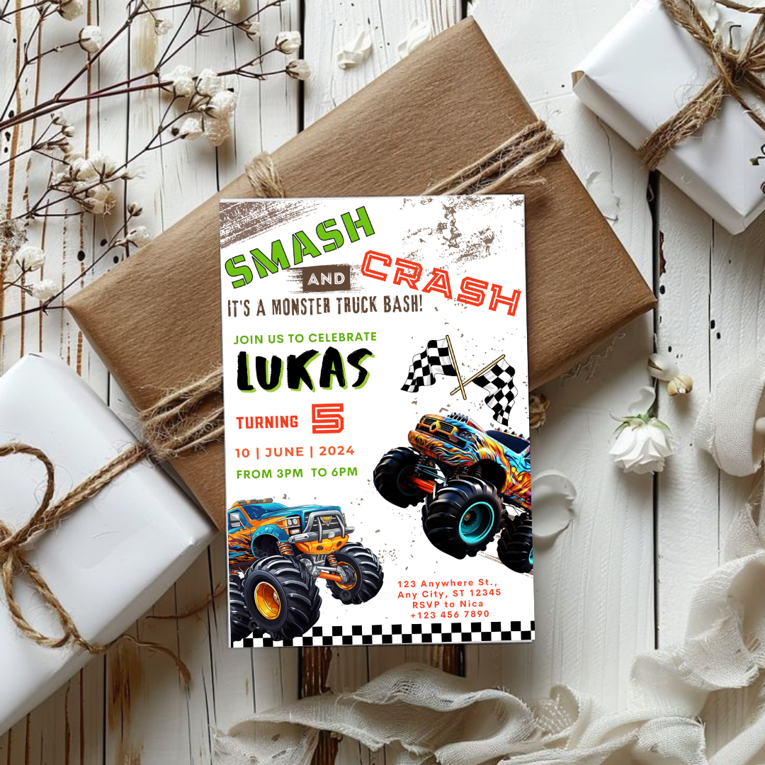 Monster Truck Birthday Invitation, Racing Birthday Invitation, Cars Birthday Invitation, Boy Birthday Party Invitation, Editable in Canva