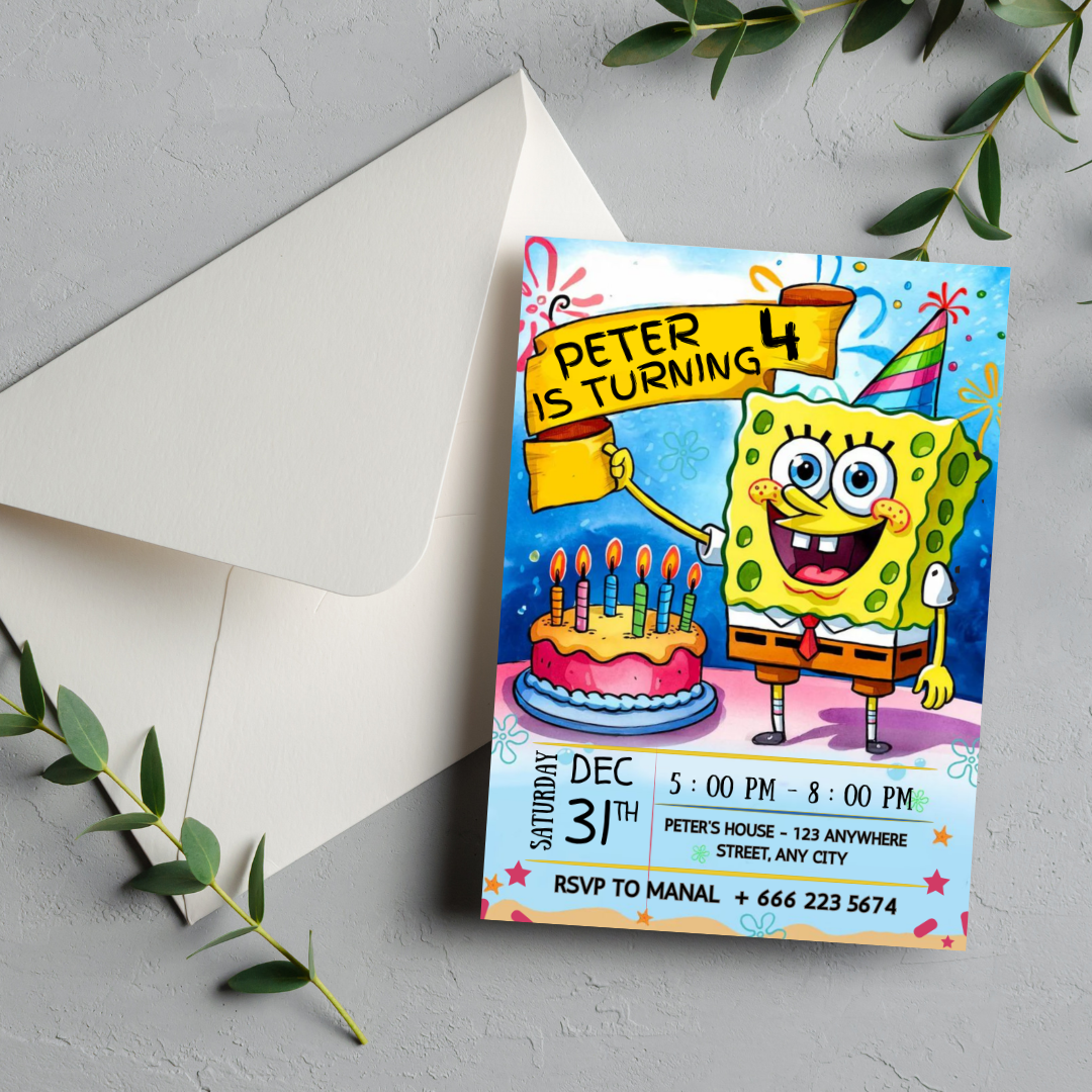 Editable Sponge Cake Birthday Invitation, Cartoon Kids Party Invite Template, Under the Sea Theme, Printable 5x7 Editable Canva Download