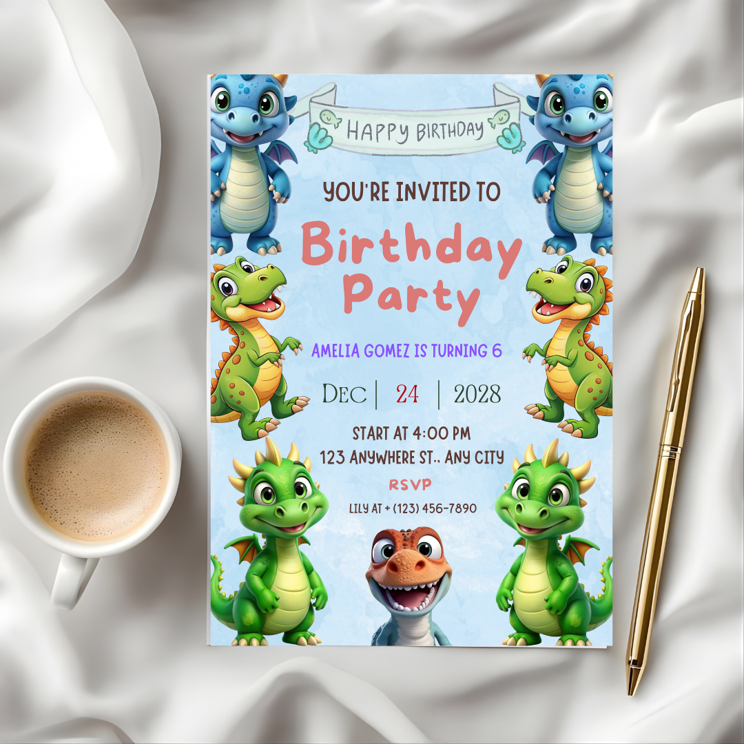 Editable Dinosaur Invitation, Dinosaur Birthday Party Invitation, T-Rex Party Invite, Dinosaur Birthday Invite, Editable Canva Template