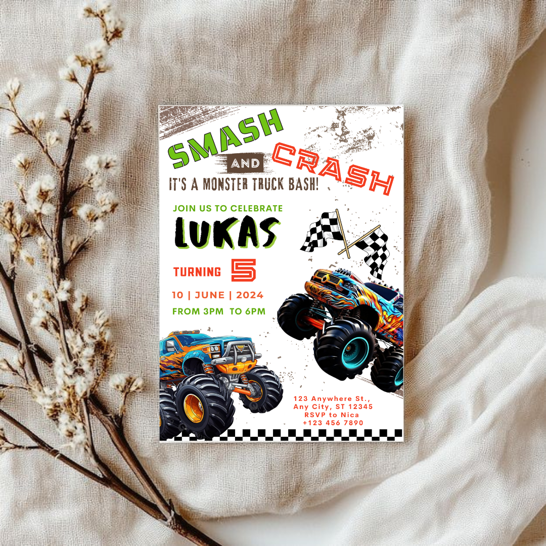 Monster Truck Birthday Invitation, Racing Birthday Invitation, Cars Birthday Invitation, Boy Birthday Party Invitation, Editable in Canva