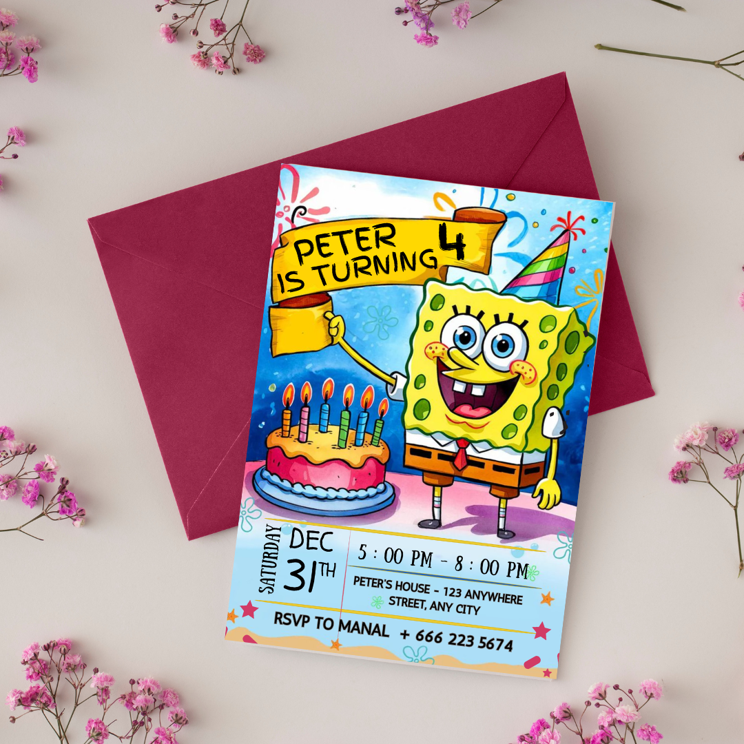 Editable Sponge Cake Birthday Invitation, Cartoon Kids Party Invite Template, Under the Sea Theme, Printable 5x7 Editable Canva Download