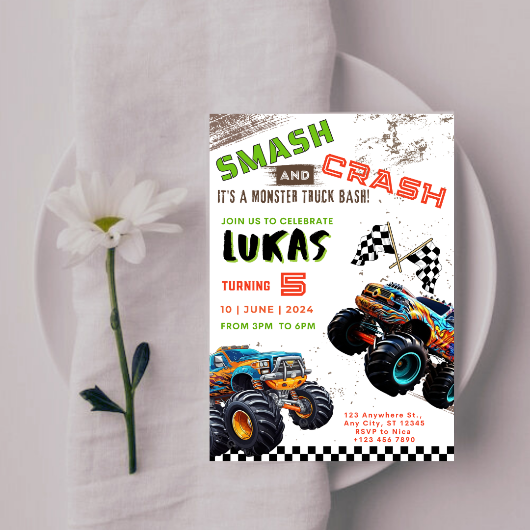 Monster Truck Birthday Invitation, Racing Birthday Invitation, Cars Birthday Invitation, Boy Birthday Party Invitation, Editable in Canva