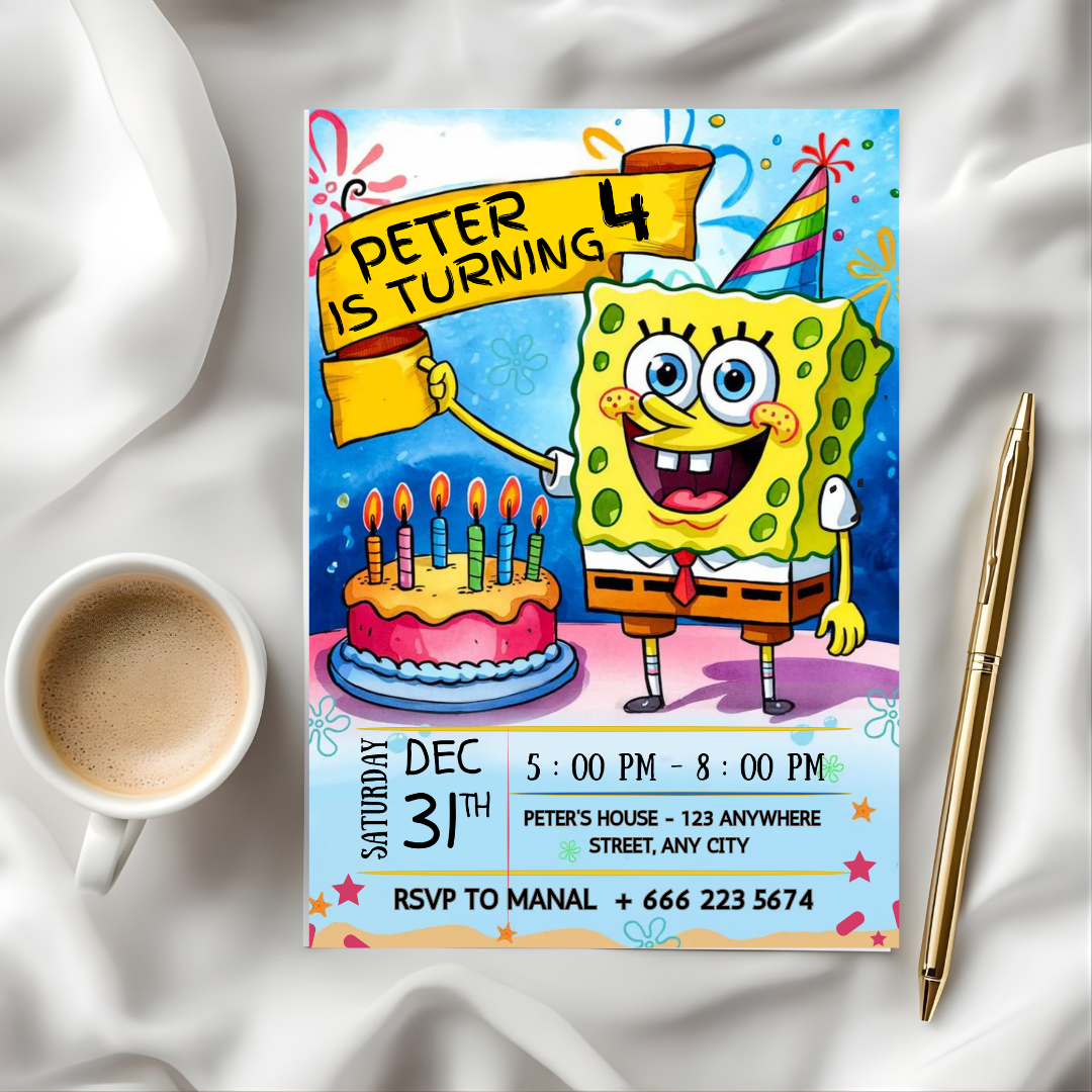 Editable Sponge Cake Birthday Invitation, Cartoon Kids Party Invite Template, Under the Sea Theme, Printable 5x7 Editable Canva Download