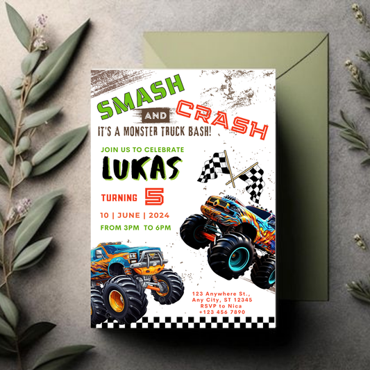 Monster Truck Birthday Invitation, Racing Birthday Invitation, Cars Birthday Invitation, Boy Birthday Party Invitation, Editable in Canva