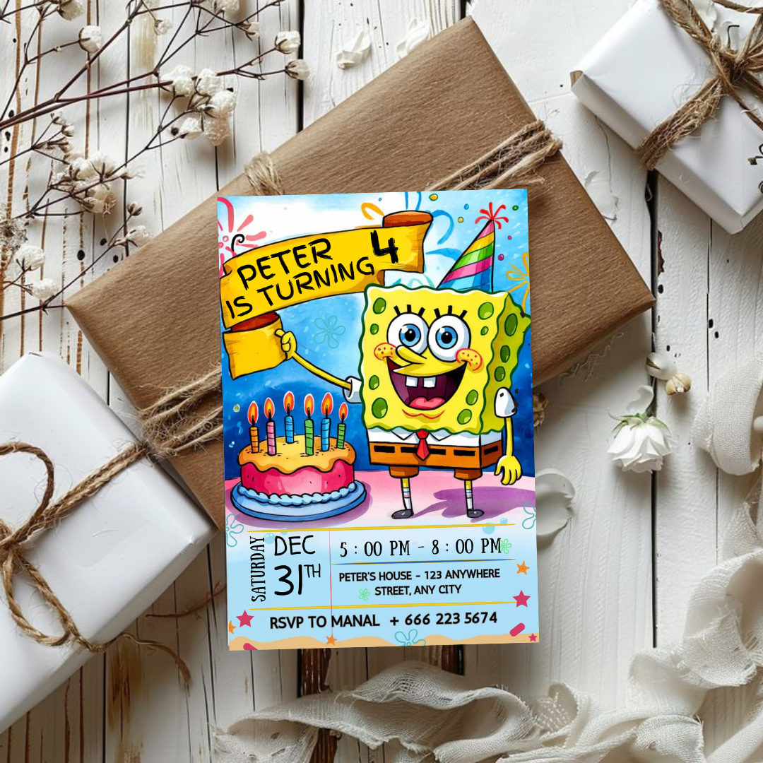 Editable Sponge Cake Birthday Invitation, Cartoon Kids Party Invite Template, Under the Sea Theme, Printable 5x7 Editable Canva Download