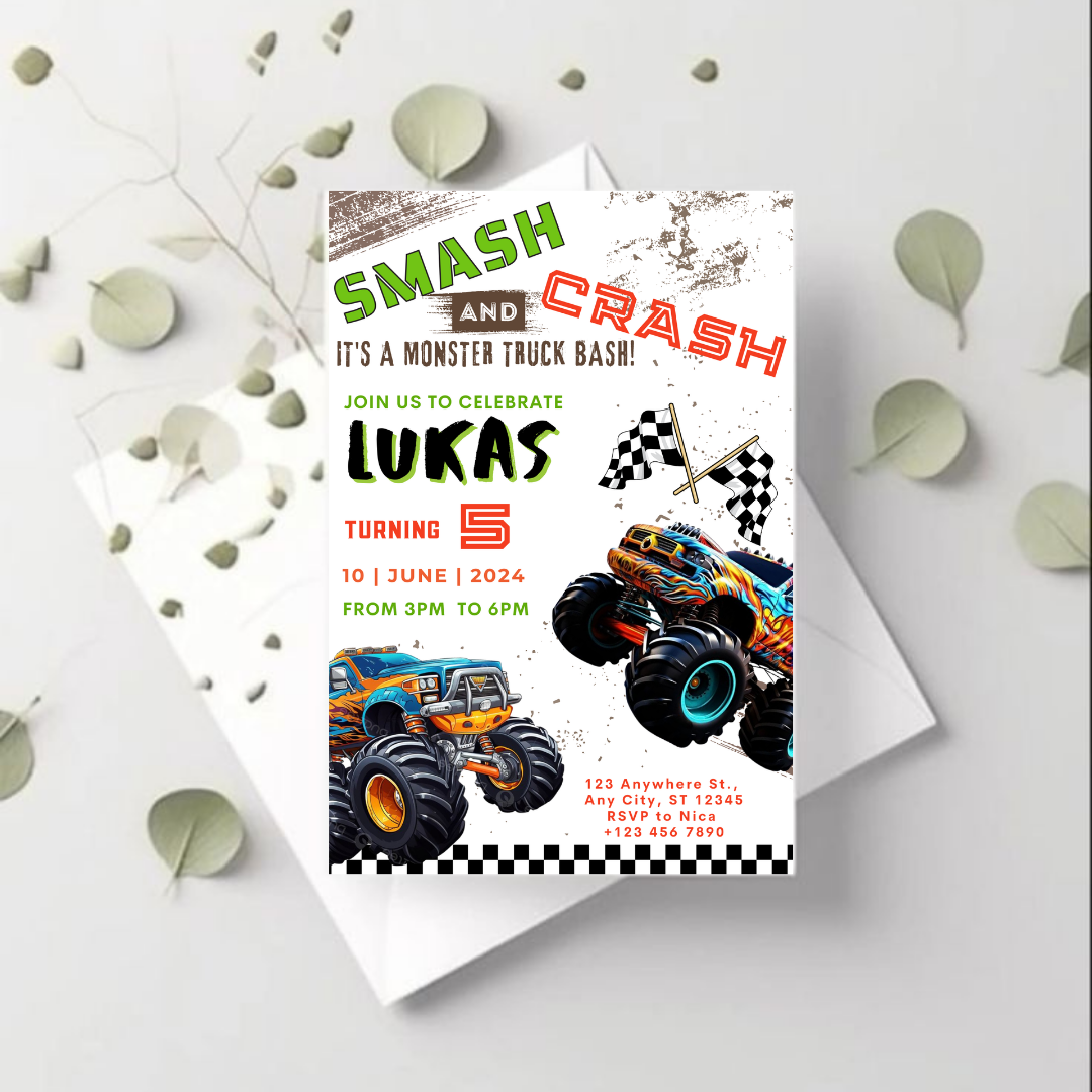 Monster Truck Birthday Invitation, Racing Birthday Invitation, Cars Birthday Invitation, Boy Birthday Party Invitation, Editable in Canva