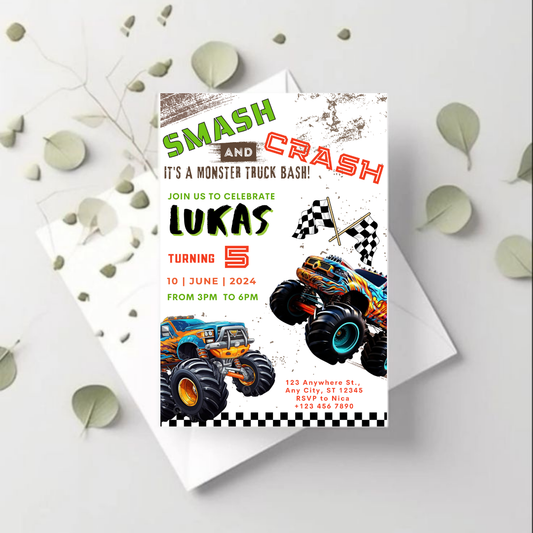 Monster Truck Birthday Invitation, Racing Birthday Invitation, Cars Birthday Invitation, Boy Birthday Party Invitation, Editable in Canva