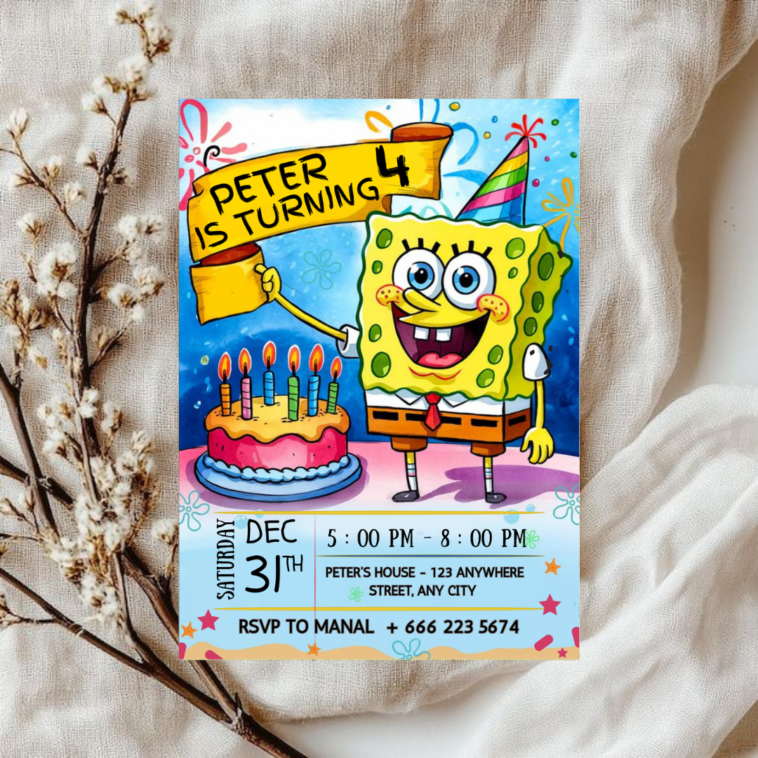 Editable Sponge Cake Birthday Invitation, Cartoon Kids Party Invite Template, Under the Sea Theme, Printable 5x7 Editable Canva Download
