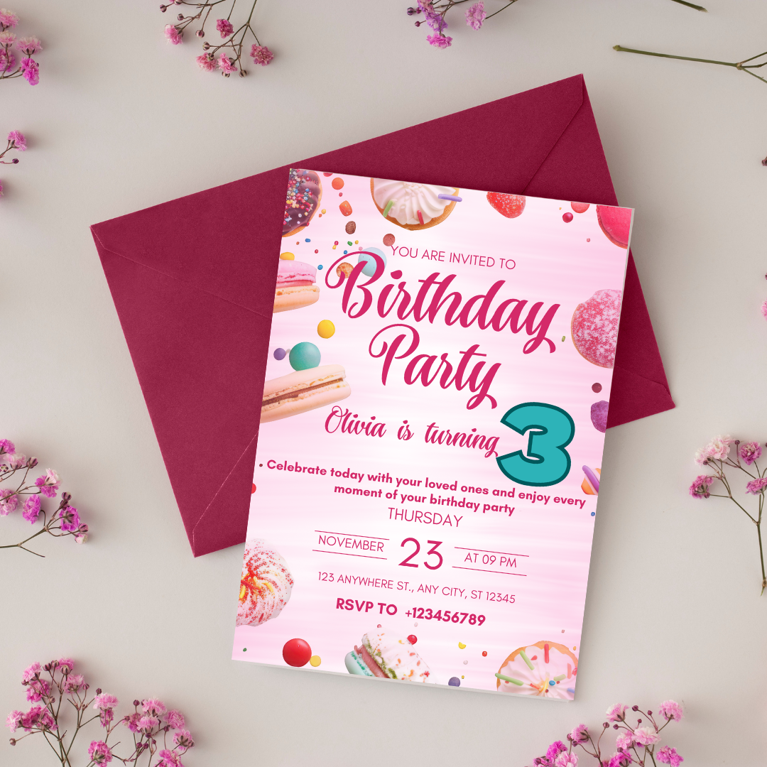 Editable Two Sweet 3rd Birthday Invitation, Candy land Sweet Treats Birthday Invite, Donuts Ice Cream Invitation Template