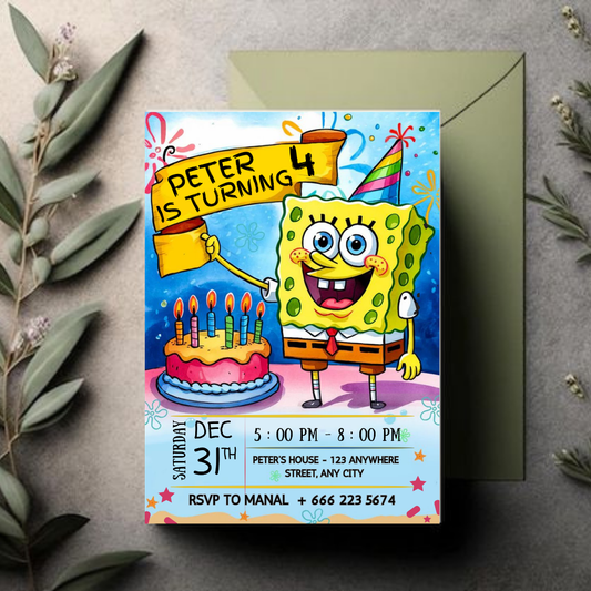 Editable Sponge Cake Birthday Invitation, Cartoon Kids Party Invite Template, Under the Sea Theme, Printable 5x7 Editable Canva Download