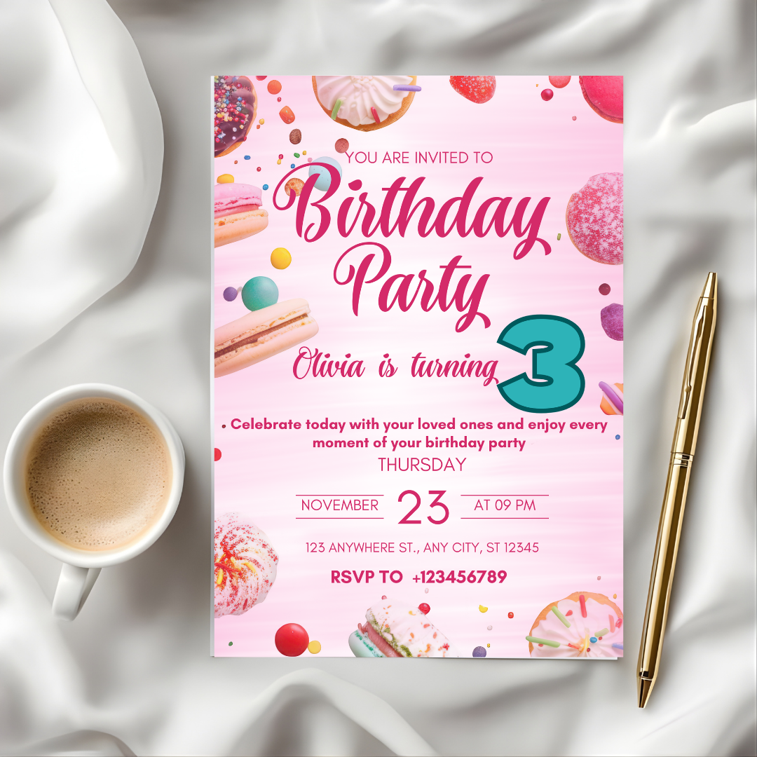 Editable Two Sweet 3rd Birthday Invitation, Candy land Sweet Treats Birthday Invite, Donuts Ice Cream Invitation Template