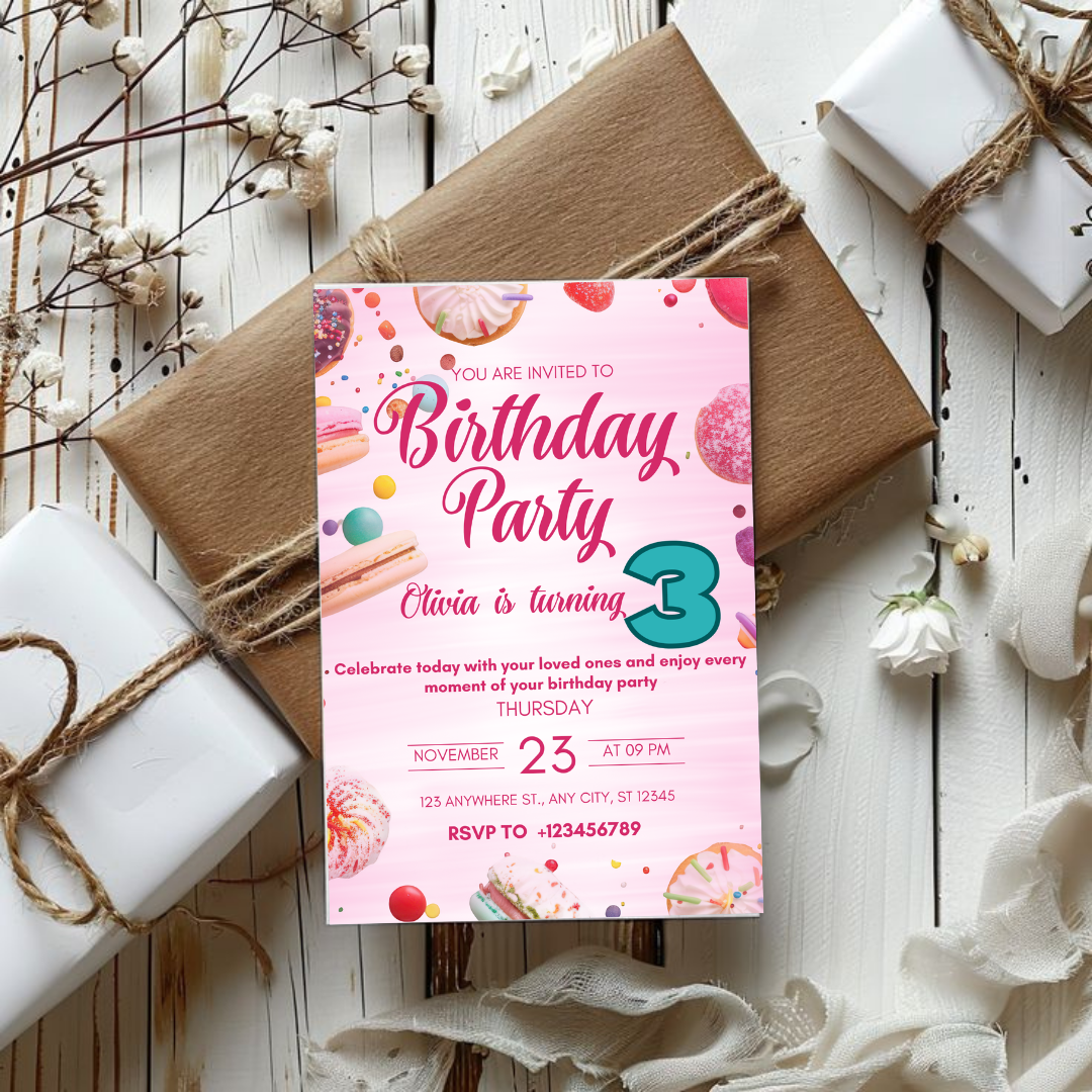 Editable Two Sweet 3rd Birthday Invitation, Candy land Sweet Treats Birthday Invite, Donuts Ice Cream Invitation Template