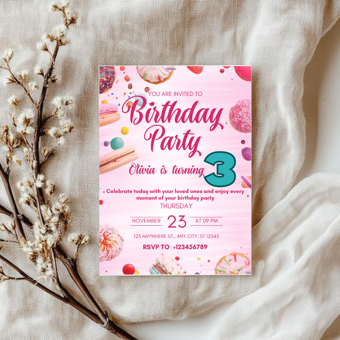 Editable Two Sweet 3rd Birthday Invitation, Candy land Sweet Treats Birthday Invite, Donuts Ice Cream Invitation Template