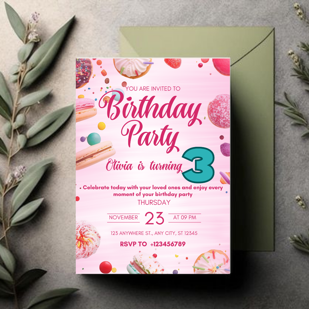 Editable Two Sweet 3rd Birthday Invitation, Candy land Sweet Treats Birthday Invite, Donuts Ice Cream Invitation Template