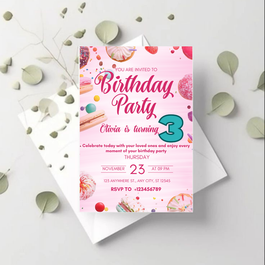Editable Two Sweet 3rd Birthday Invitation, Candy land Sweet Treats Birthday Invite, Donuts Ice Cream Invitation Template