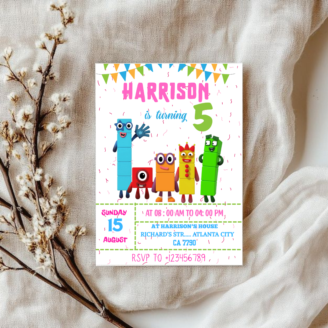 Editable Number blocks, Birthday Invitation, Printable Birthday Party Invite, Digital Kid Party Invite, Number Inspired Birthday Invitation