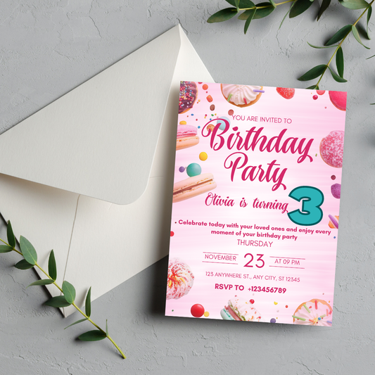Editable Two Sweet 3rd Birthday Invitation, Candy land Sweet Treats Birthday Invite, Donuts Ice Cream Invitation Template