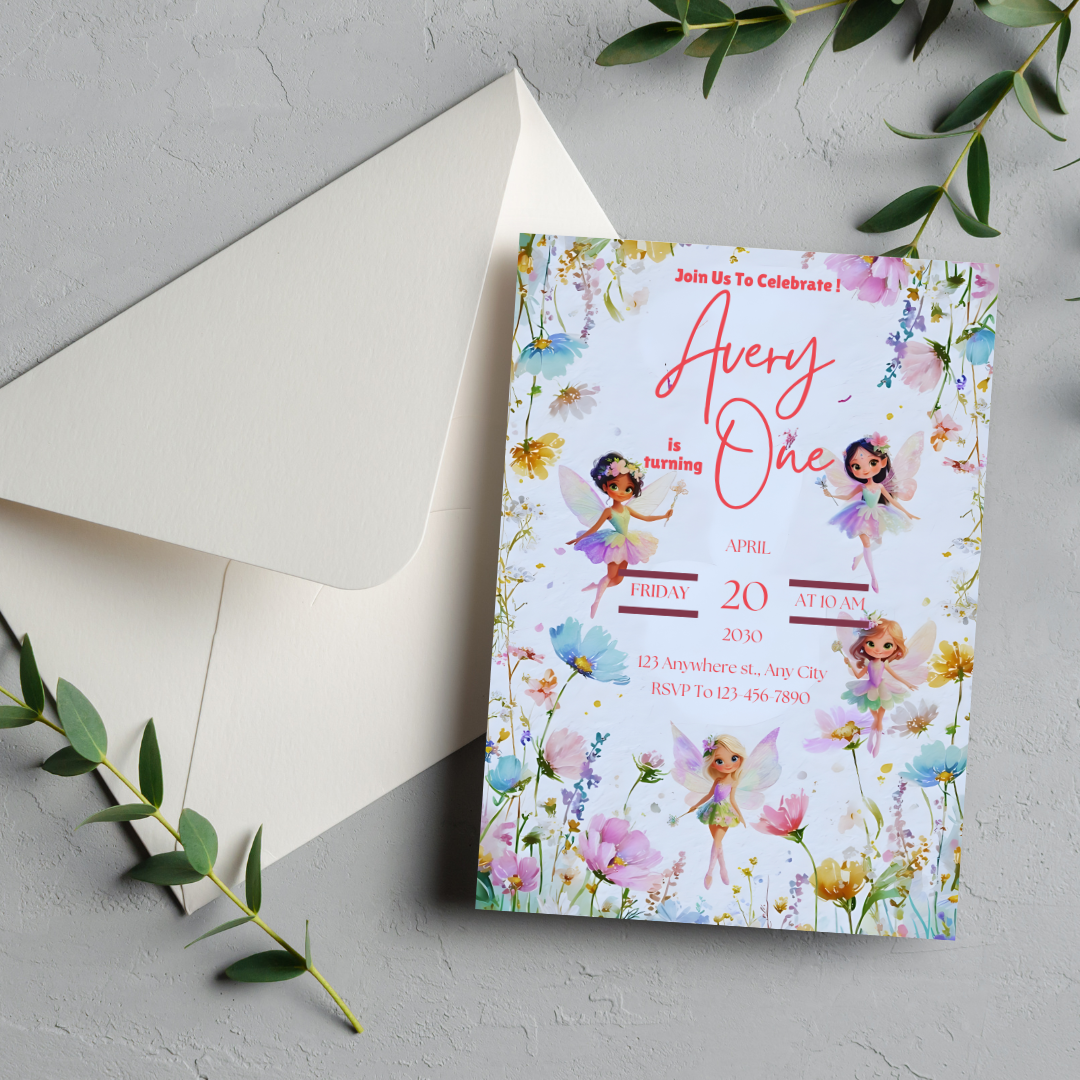 Fairy First Birthday Invitation, Fairy 1st Birthday Invite, Enchanted Garden Birthday Invitation, Whimsical 1st Birthday, Girl, Template